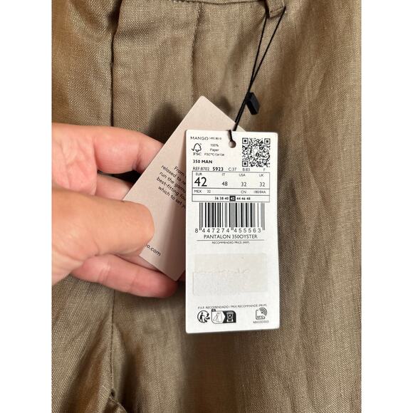 NWT Mango MNG Men’s 100% Linen Pants Slim Fit Trousers Size 32 Brown Pockets - Picture 6 of 6
